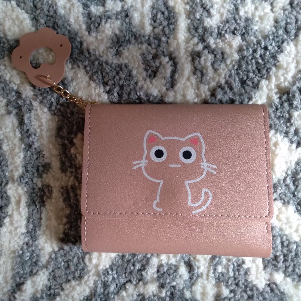 NWOT Pink leather cartoon cat print wallet. Cute Kitty paw.